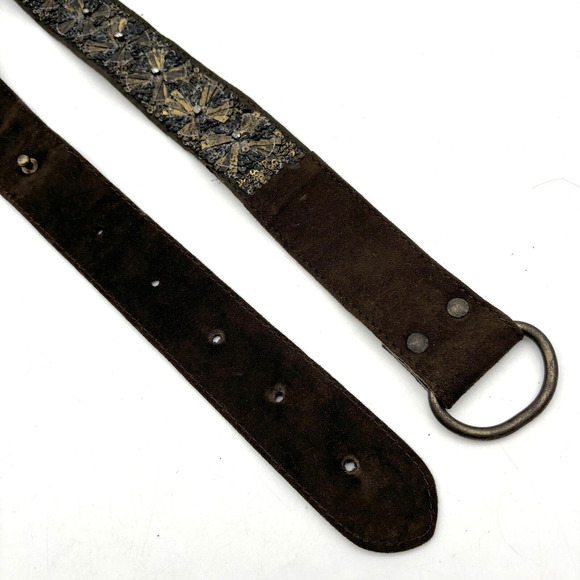 Vintage 00s Antik Batik Brown Genuine Leather Gold Sequins Rhinestone Belt 34\